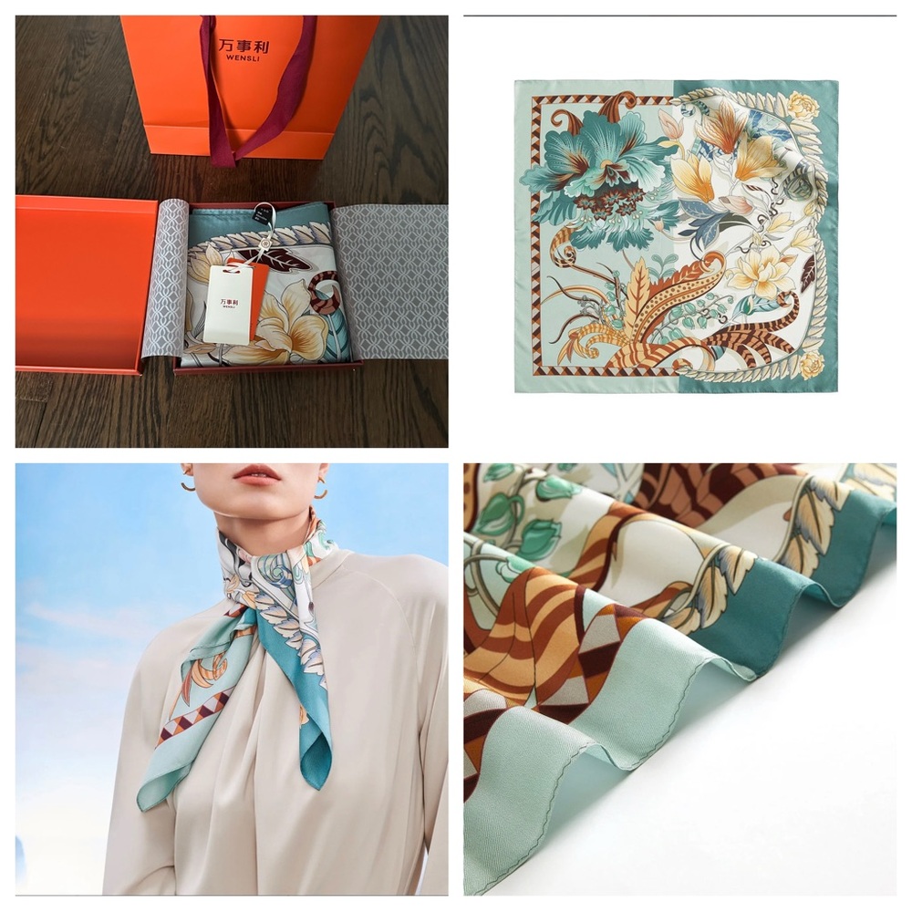 NWT Wensli Mulberry Silk Scarf Blooming Print Floral Leaves Teal 24.8x24.8”